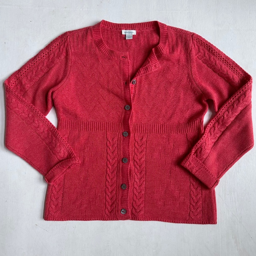 Sundance Coral-Red Cable Knit Button Cardigan